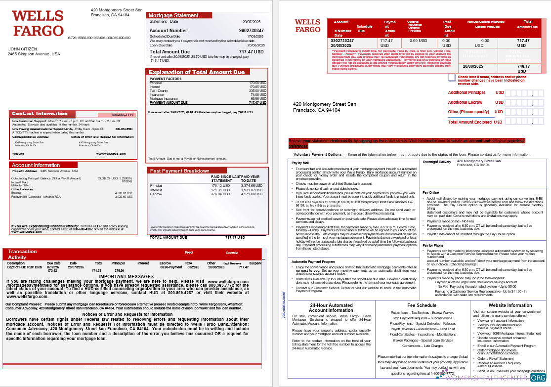 Download USA Wells Fargo bank mortgage statement in Word and PDF formats, 3 pages 1 2 Photoshop template
